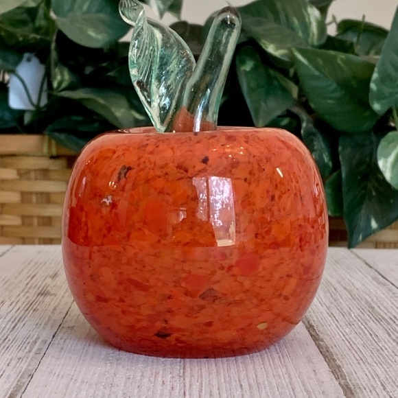 Orange Art Glass Weighted Apple Paperweight With Clear Green Stem Leaf 4 1/2” T - Picture 13 of 15